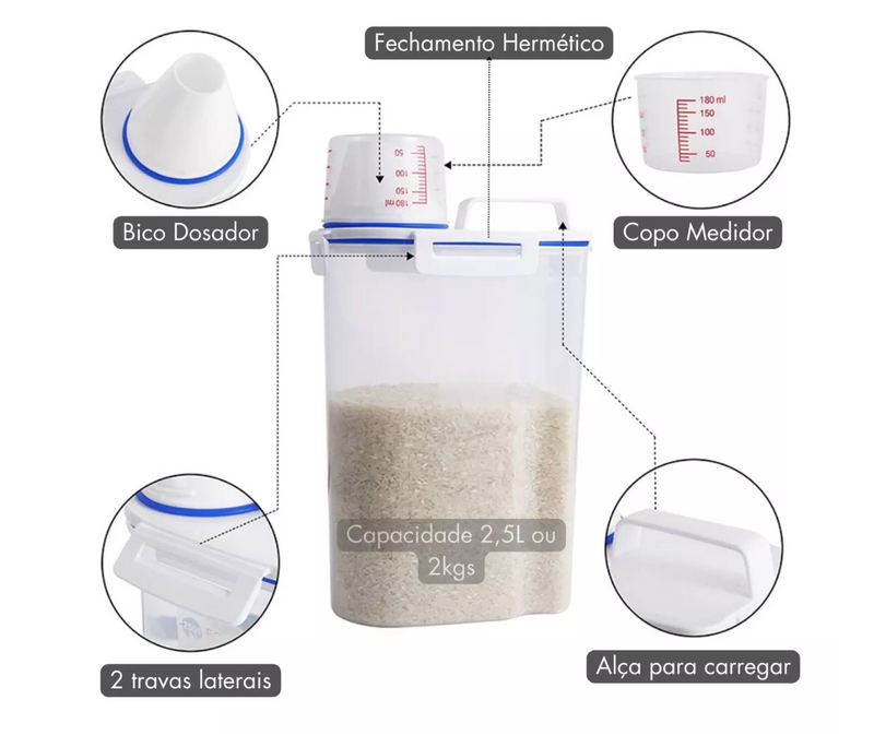 Dispenser Porta Sabão em Pó Com Tampa Medidora 2,5L